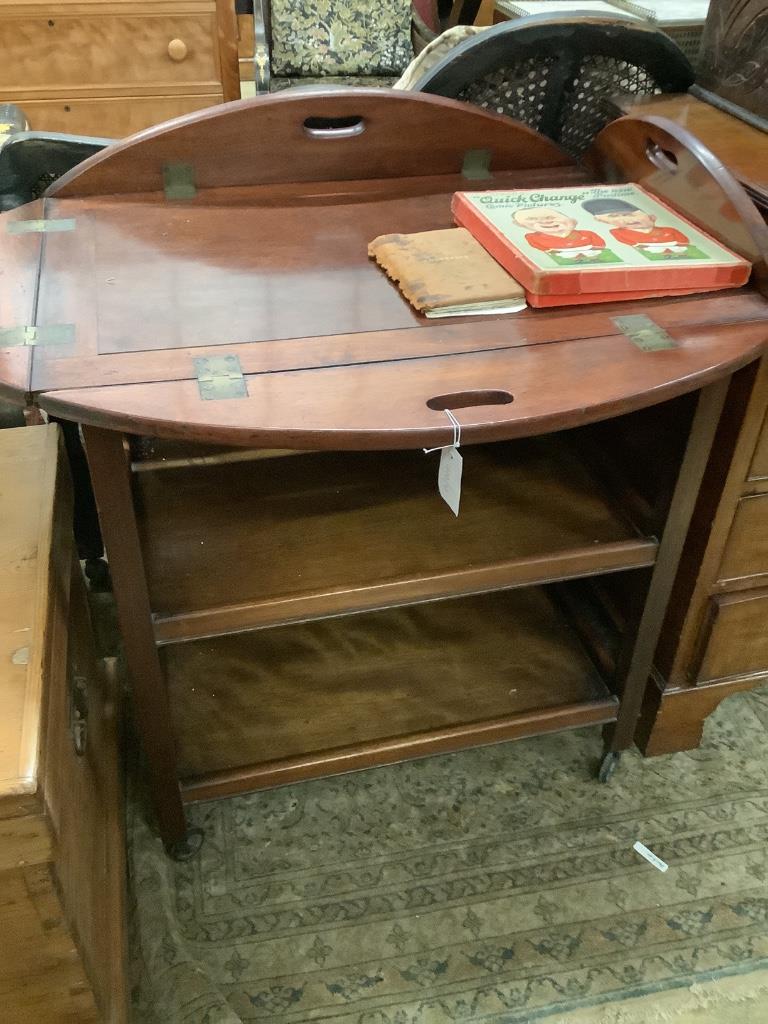 A Victorian mahogany butlers tray on a later stand, width 96cm depth 75cm height 86cm